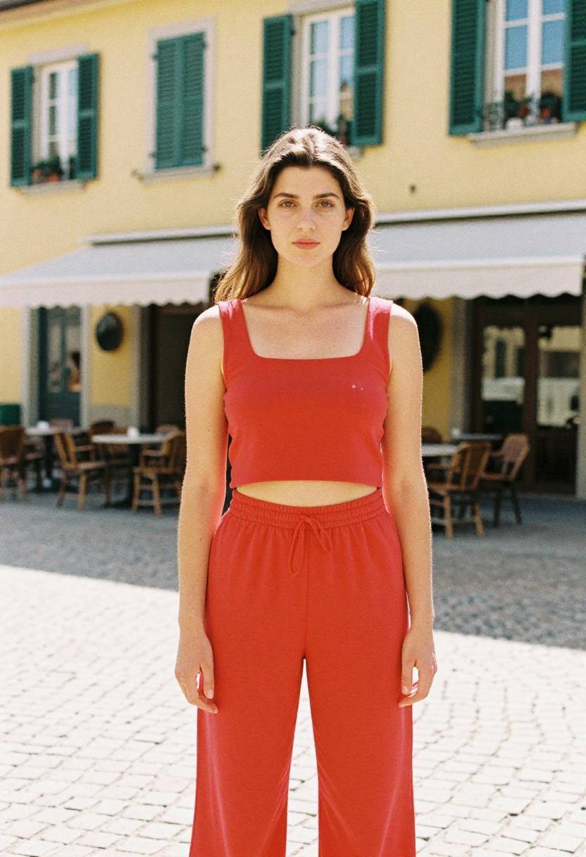 Cherry red jersey lounge set against warm-toned European cobblestone plaza