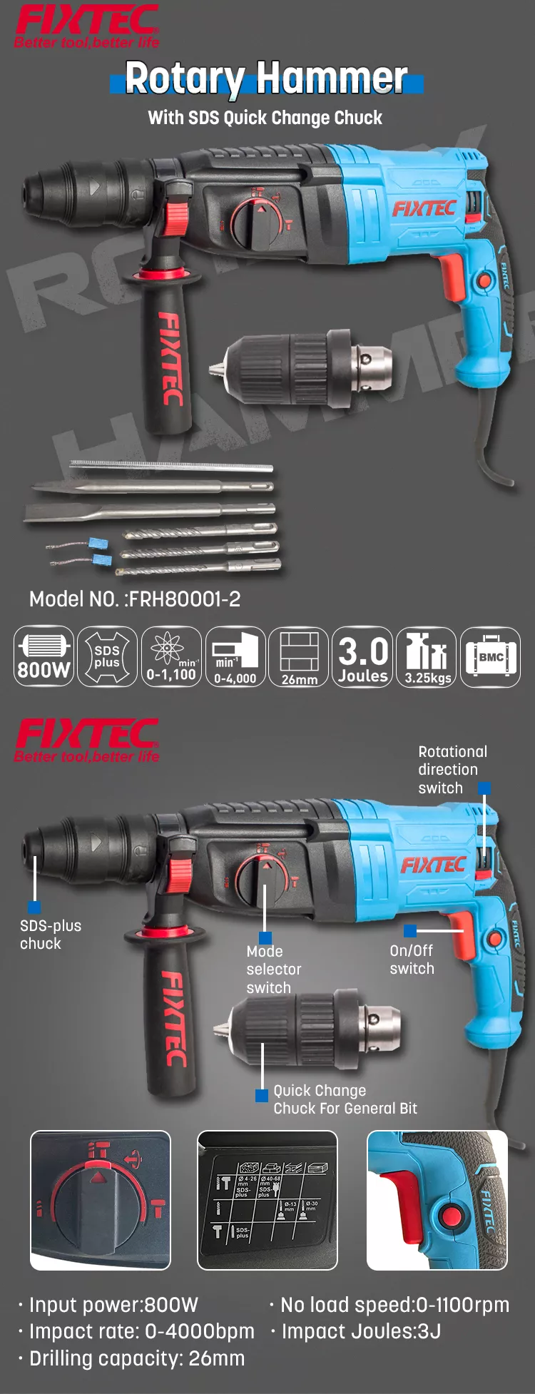 Rotomartillo SDS de 800 W y 26 mm