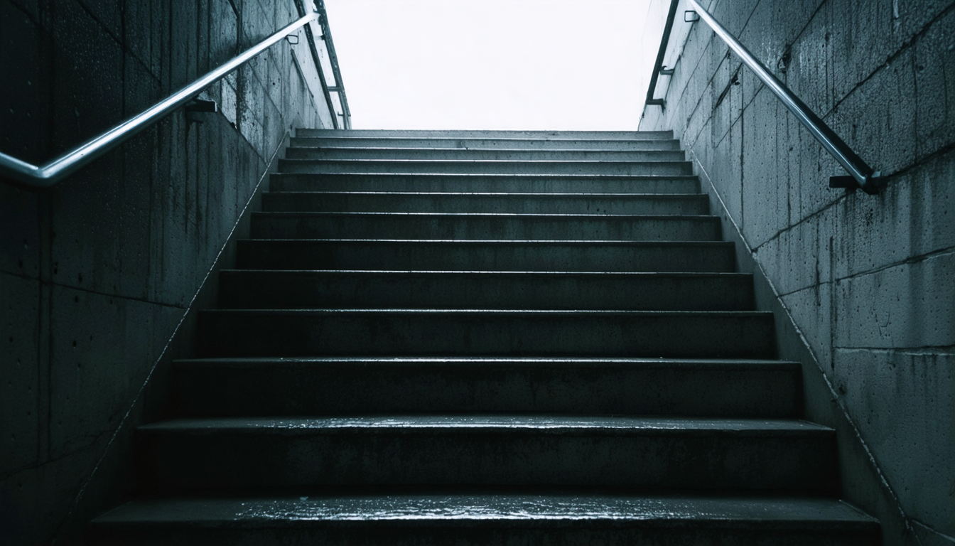 A worn concrete stairwell at dawn, empty, seen from the bottom looking up toward gray light.