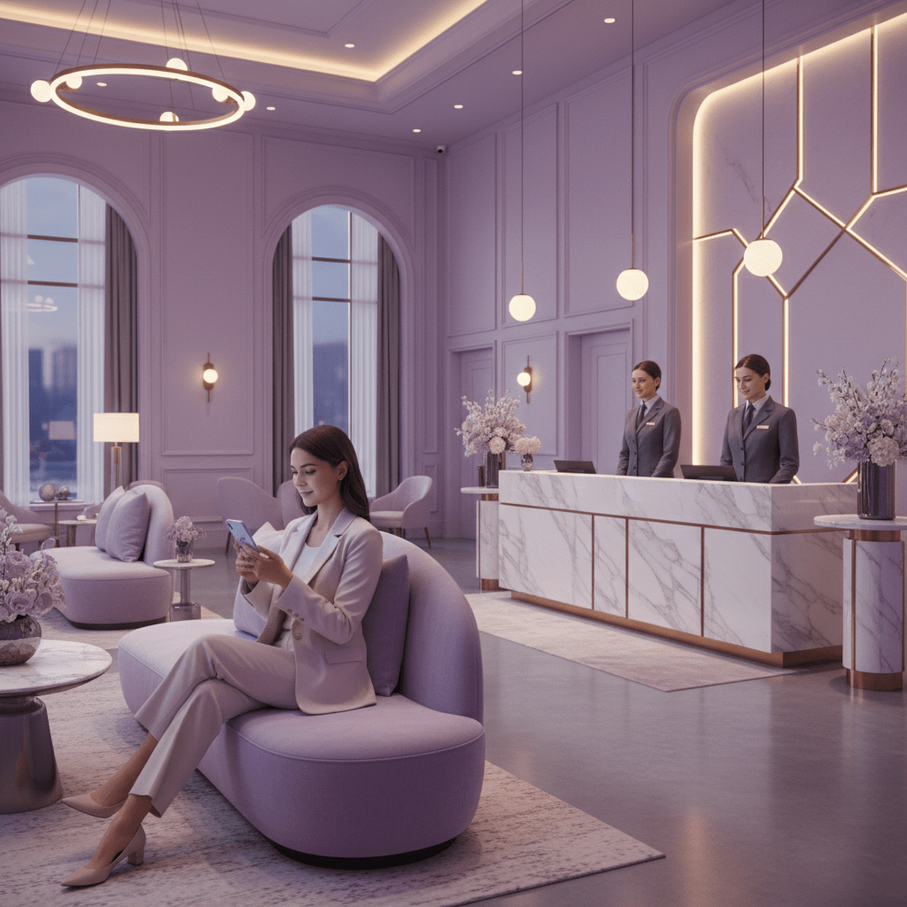 A guest checking a hotel’s Instagram in a stylish lobby