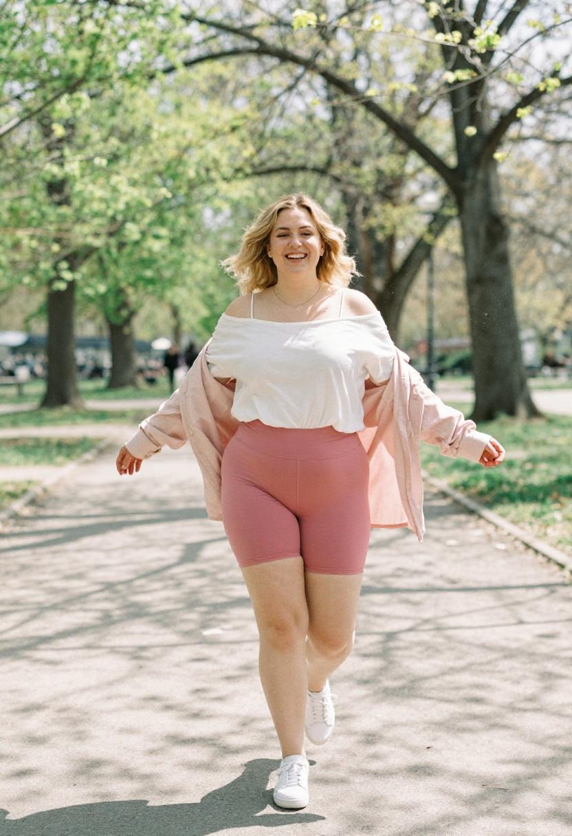 Plus size woman in fuchsia pink bike shorts with off-the-shoulder flowy top and jacket tied at waist in the park
