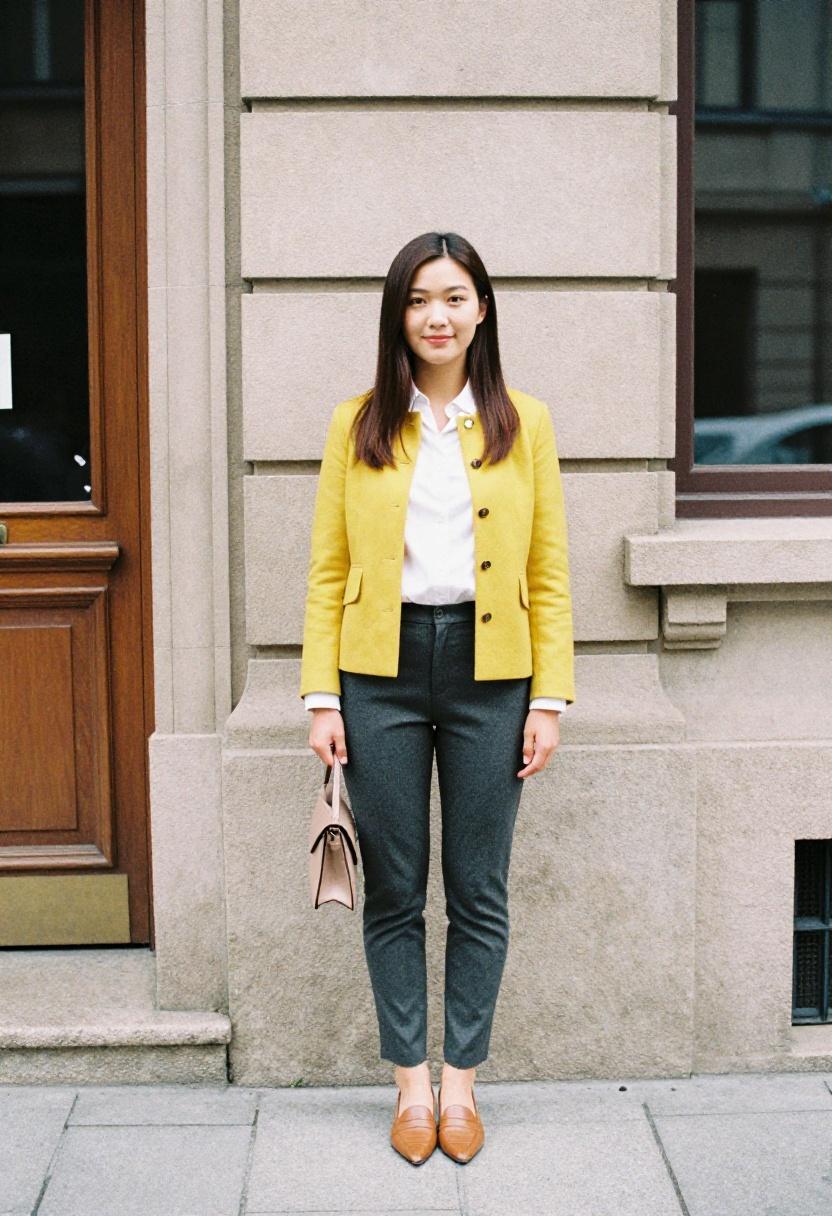 Mustard yellow tailored shacket over white shirt and slim trousers for polished spring layering
