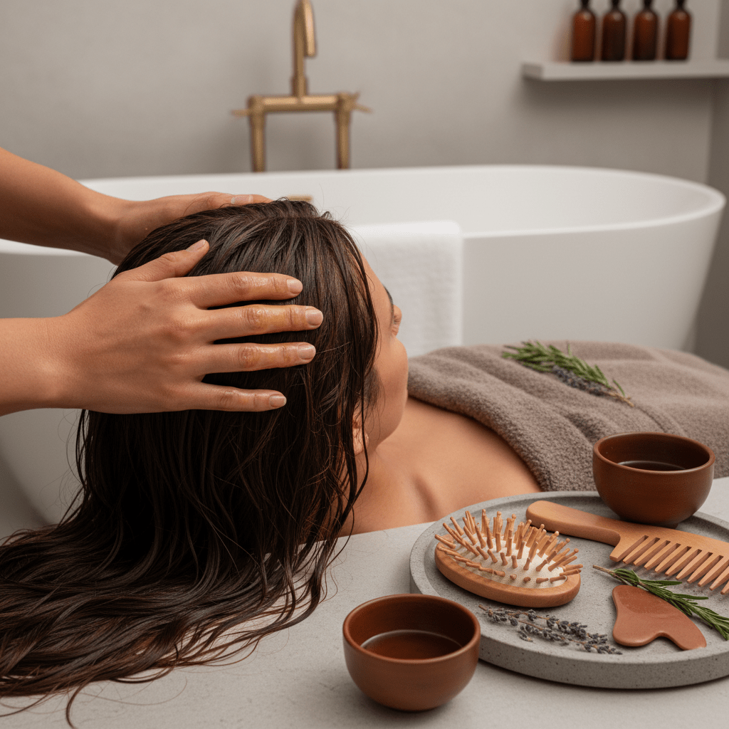 Healthy hair and scalp care with herbal oil in a clean modern bathroom