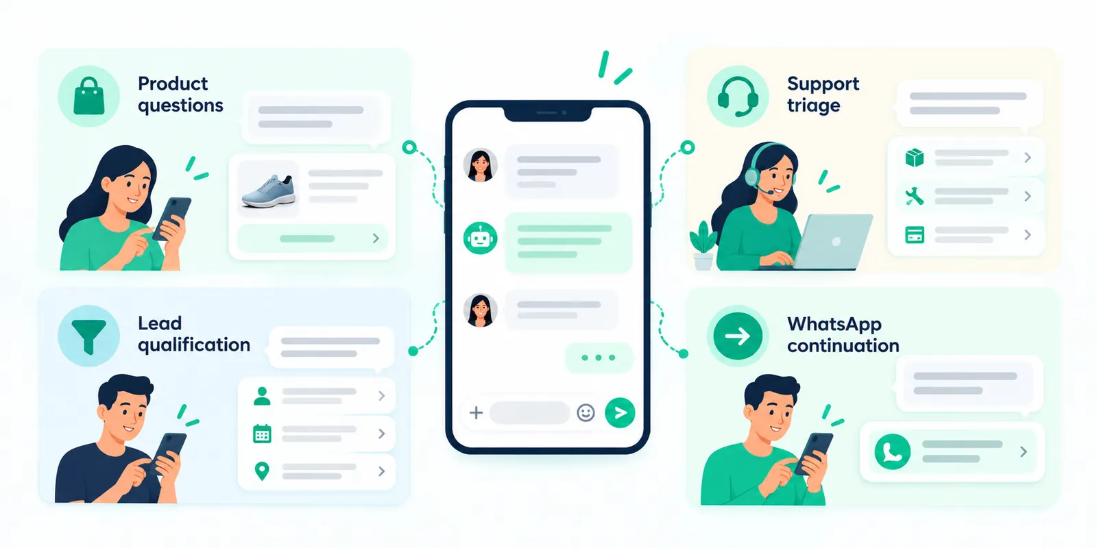 Use-case map showing product questions, lead qualification, support triage and WhatsApp continuation from Instagram DMs.