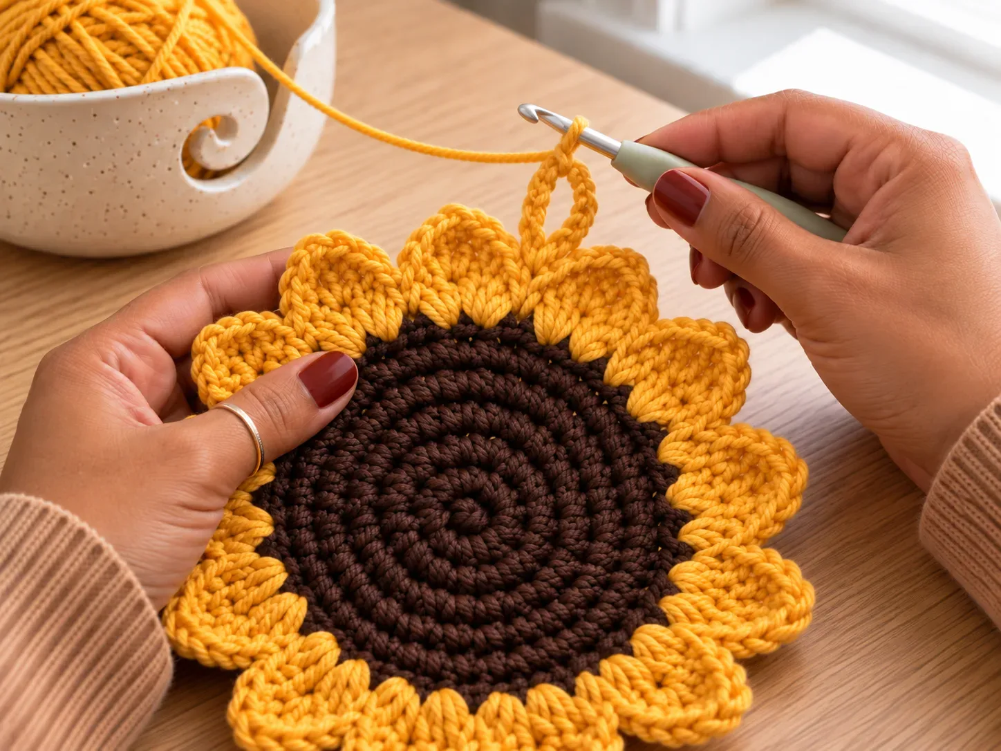 Sunflower Harvest Hot Pad: Add the loop and finish