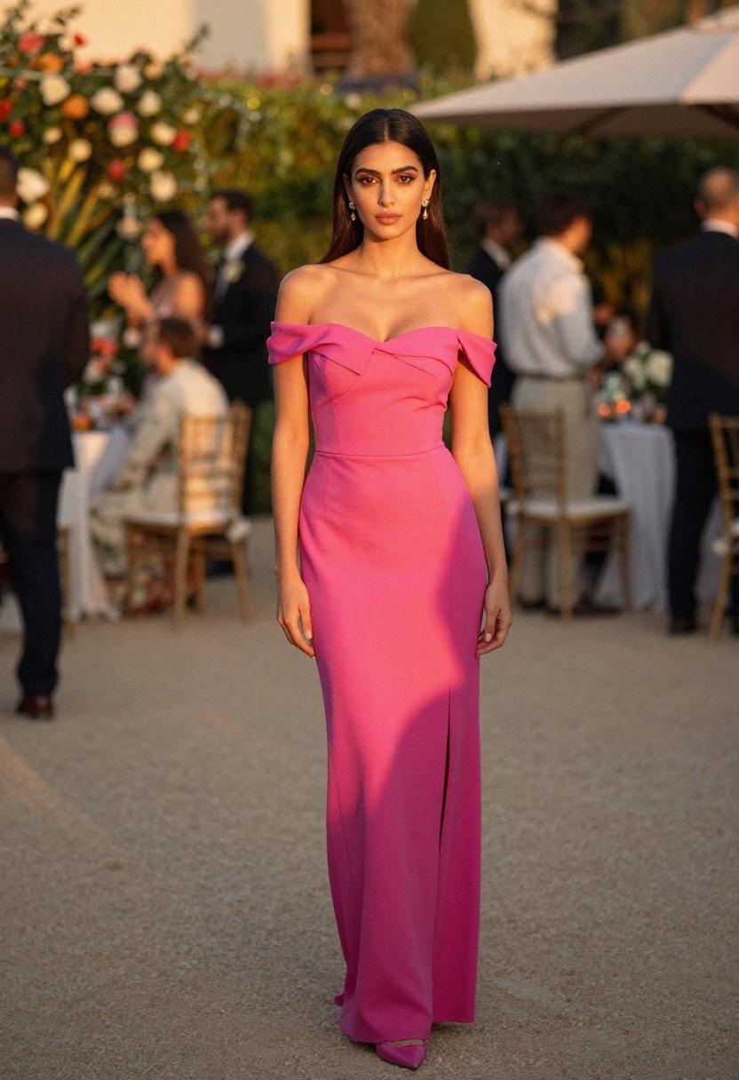 Woman in fuchsia off-the-shoulder column gown with sultry sophistication at a summer black tie celebration