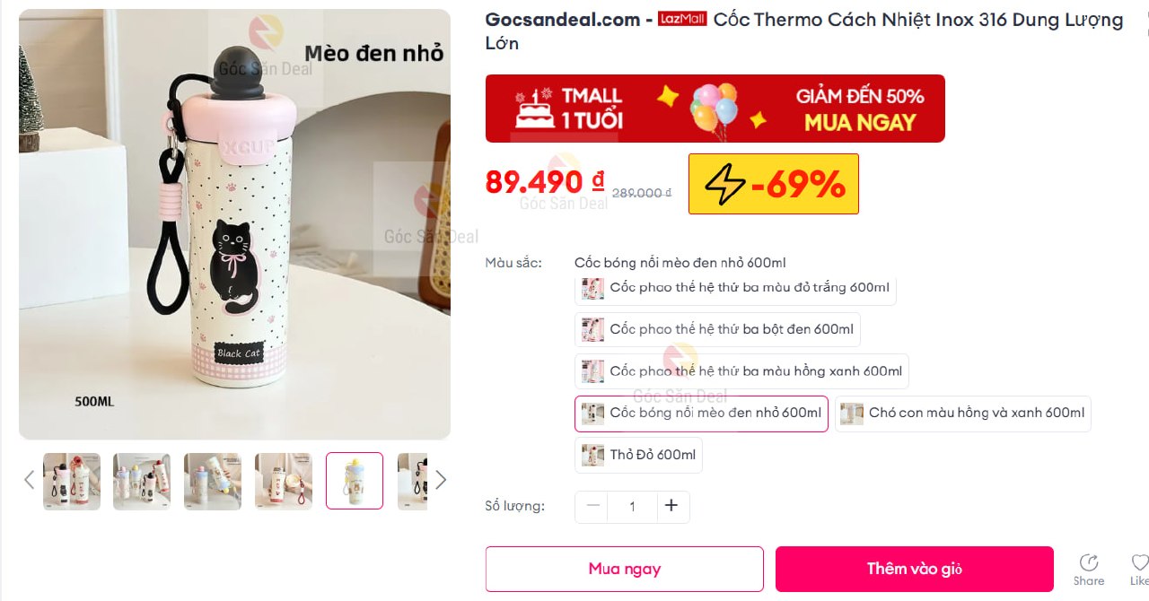 Cốc Thermo Cách Nhiệt Inox 316 Dung Lượng Lớn