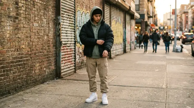 Person in layered streetwear puffer coat and hoodie on urban sidewalk at golden hour