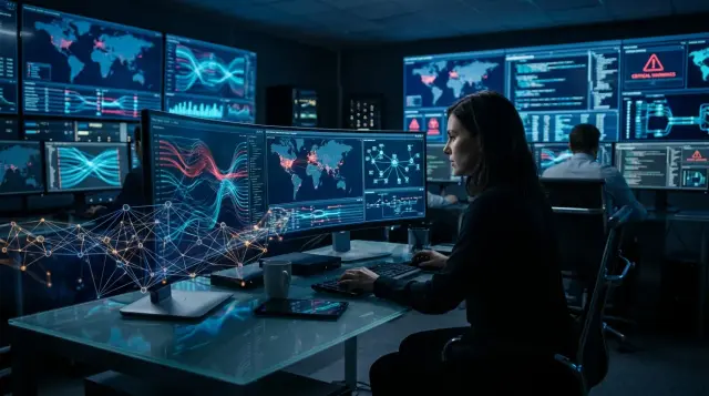 Cybersecurity analyst monitoring glowing threat data screens in dark operations center, tense atmosphere