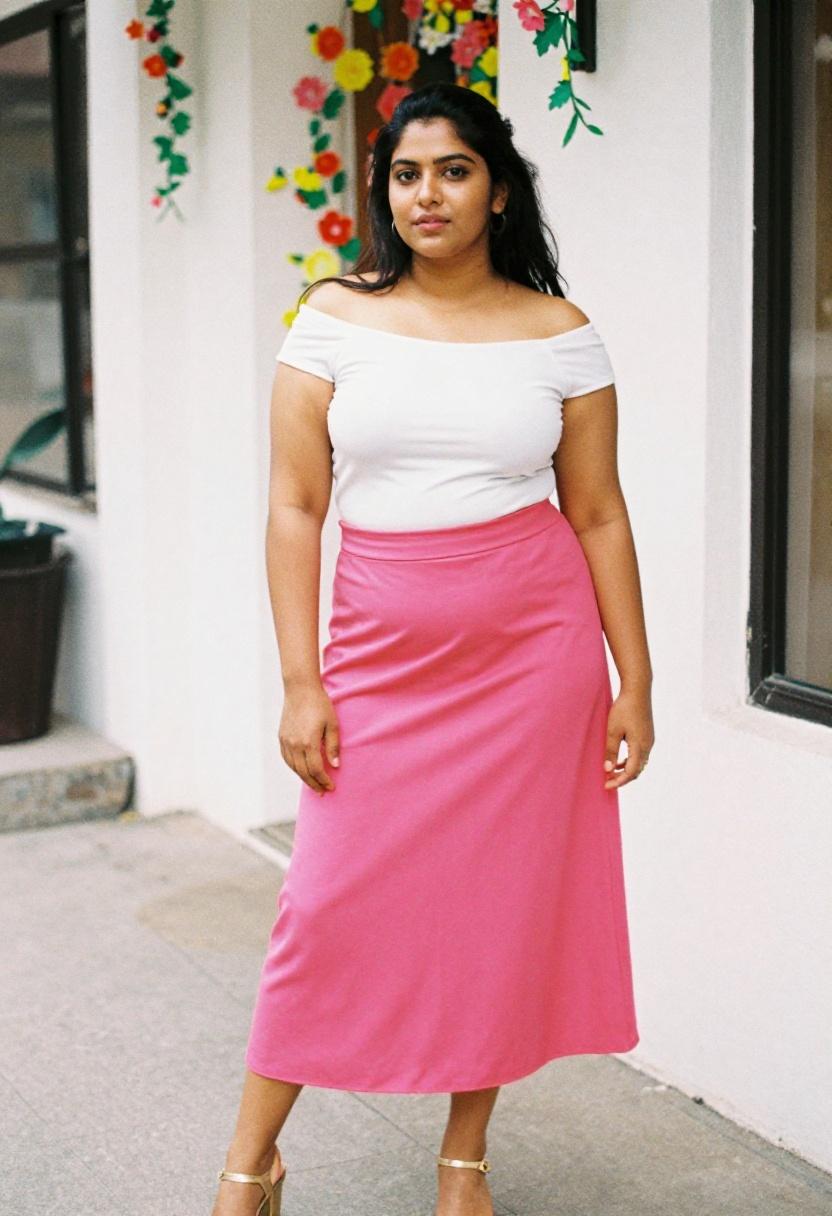 Fuchsia wrap midi skirt with off-shoulder white top for bold spring look