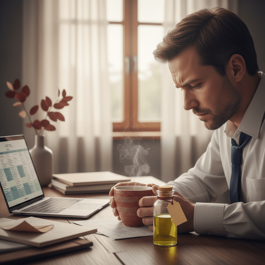 Stressed professional with calming herbal oil bottle