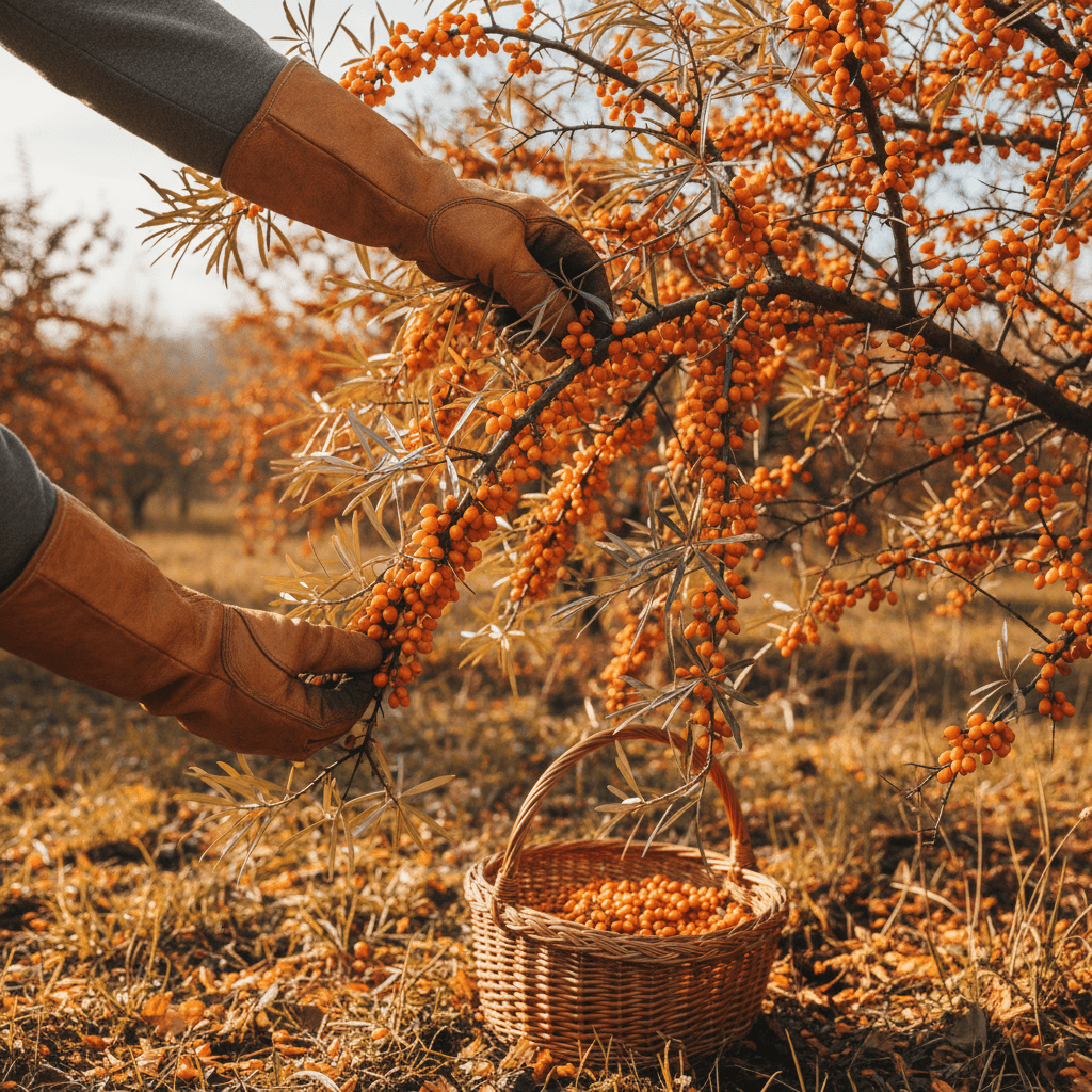 Sea buckthorn berries being carefully harvested by hand in an orchard