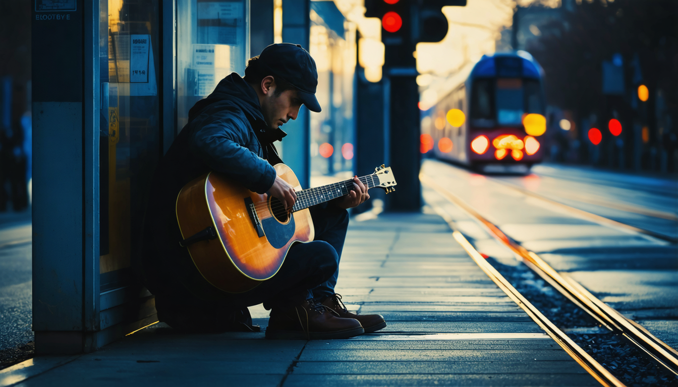 A man tunes a guitar nobody asked him to play, blissfully unaware he's a metaphor for the entire species.