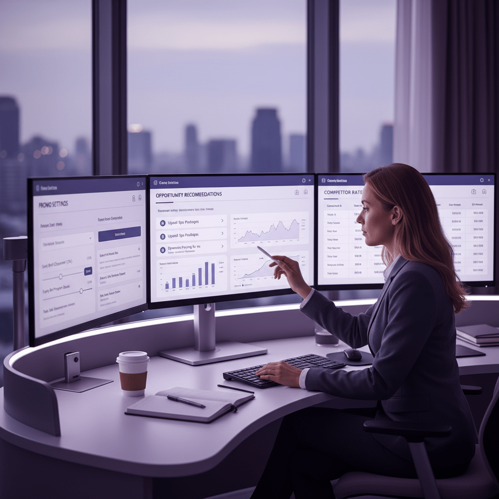Modern hotel reception with Genius-style booking promotion and mobile reservation concept