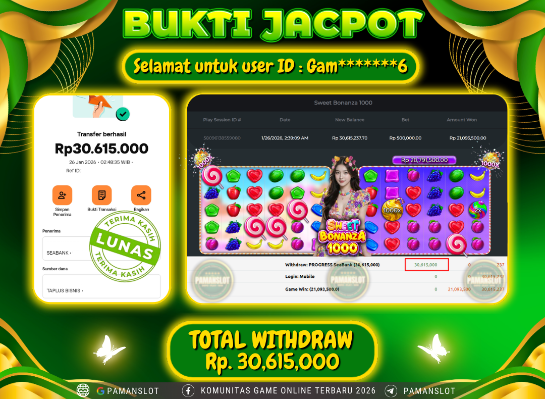 PAMANSLOT JACKPOT Game PP - Sweet Bonanza 1000 Rp.30,615,000- LUNAS