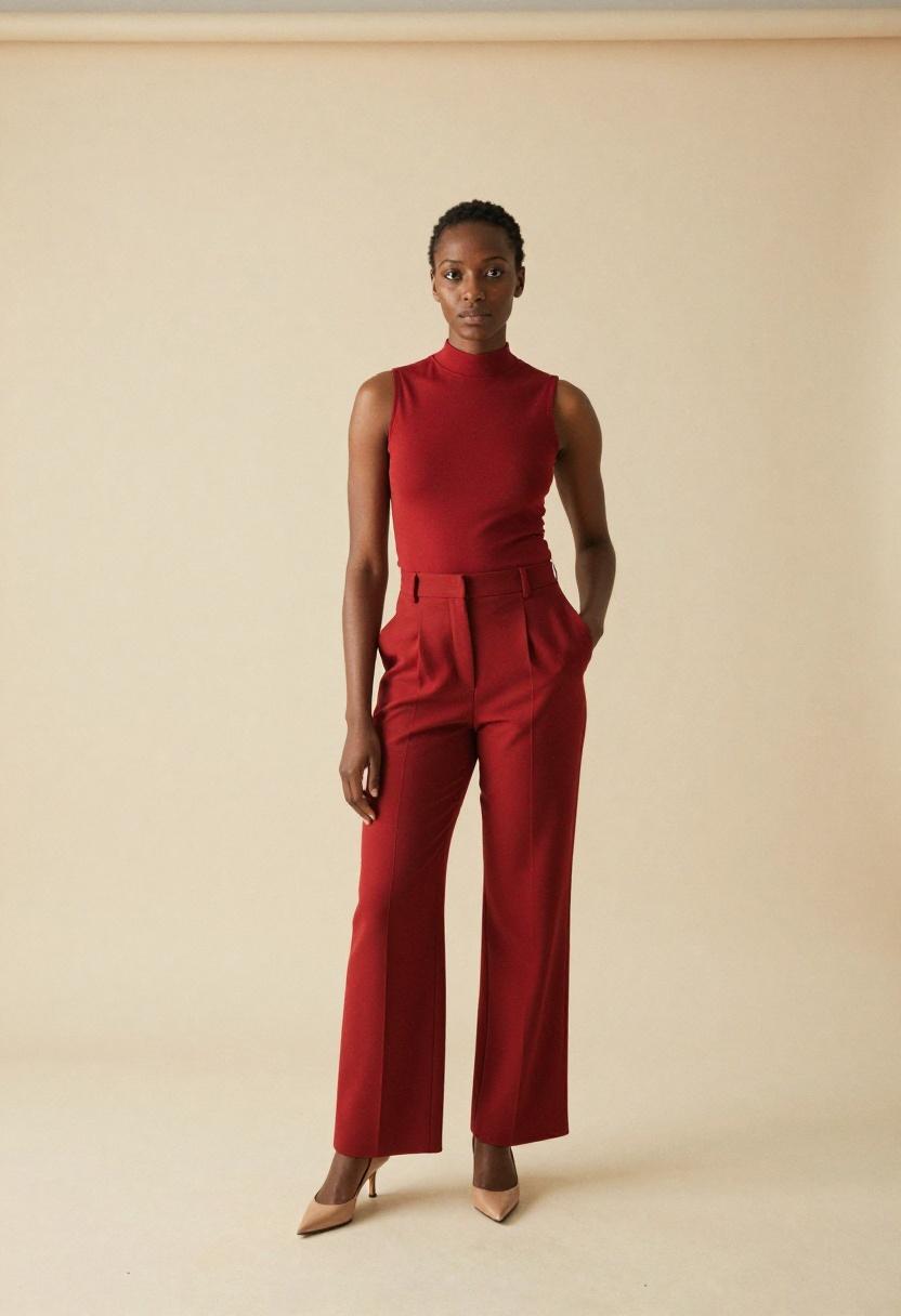 Crimson mock neck top tucked into wide-leg trousers for a polished editorial professional look