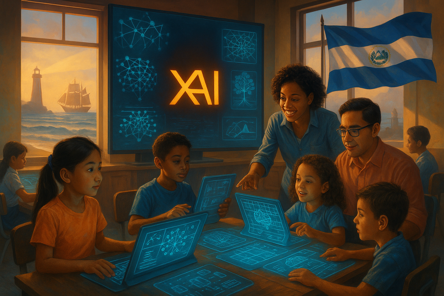 Illustration of Elon Musk’s xAI and El Salvador launching the world’s first nationwide AI education program