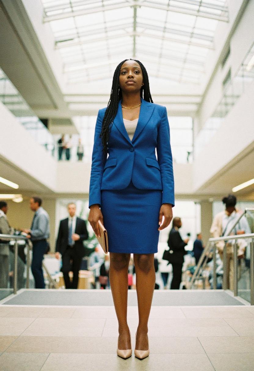 Cobalt blue fitted skirt suit low-angle perspective modern corporate atrium staircase