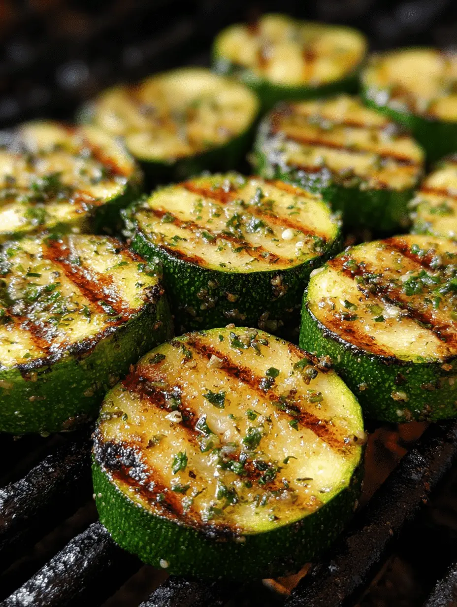 Close-up of grilled zucchini with lemon and herbs, served as a healthy summer side dish.