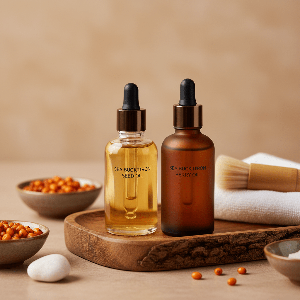 Sea buckthorn seed and berry oil bottles with skincare setup