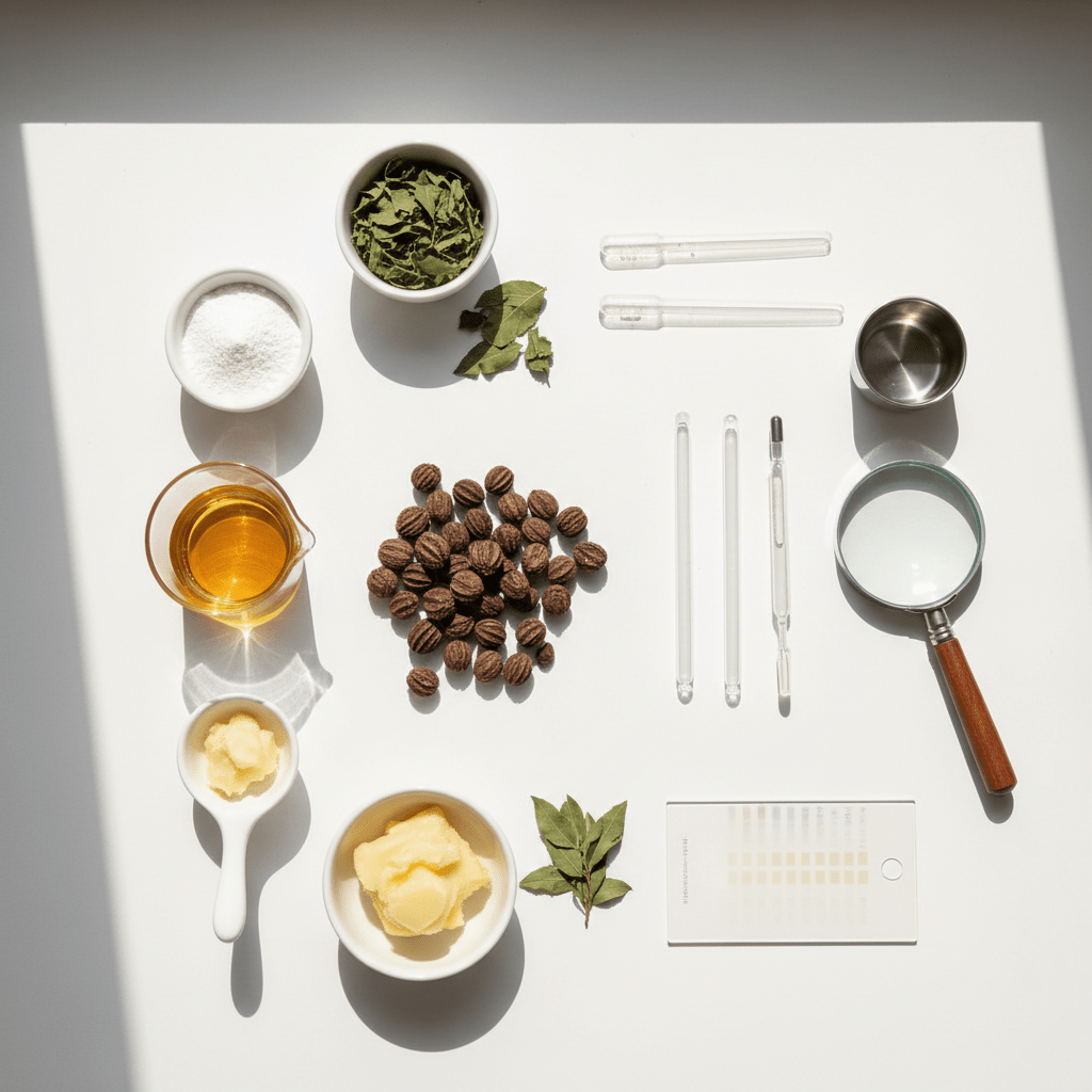 Cosmetic lab flat lay with amla seeds and oil analysis