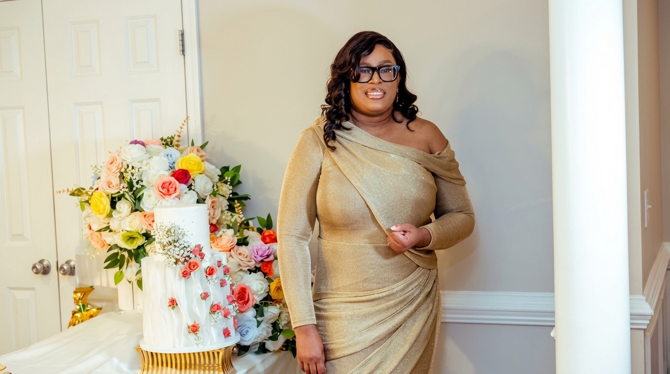 Sarahlyn wearing white and gold beside her birthday cake