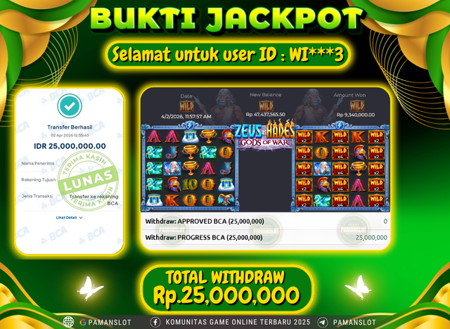 Selamat kepada Member PAMANSLOT Game PP - Zeus vs Hades - Gods of War :  WI***3