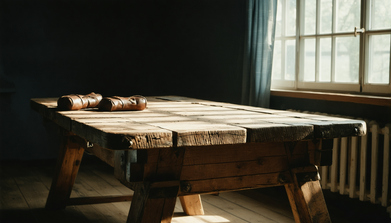 An empty wooden arm wrestling table in a dim room, one side lit by natural light from a window.