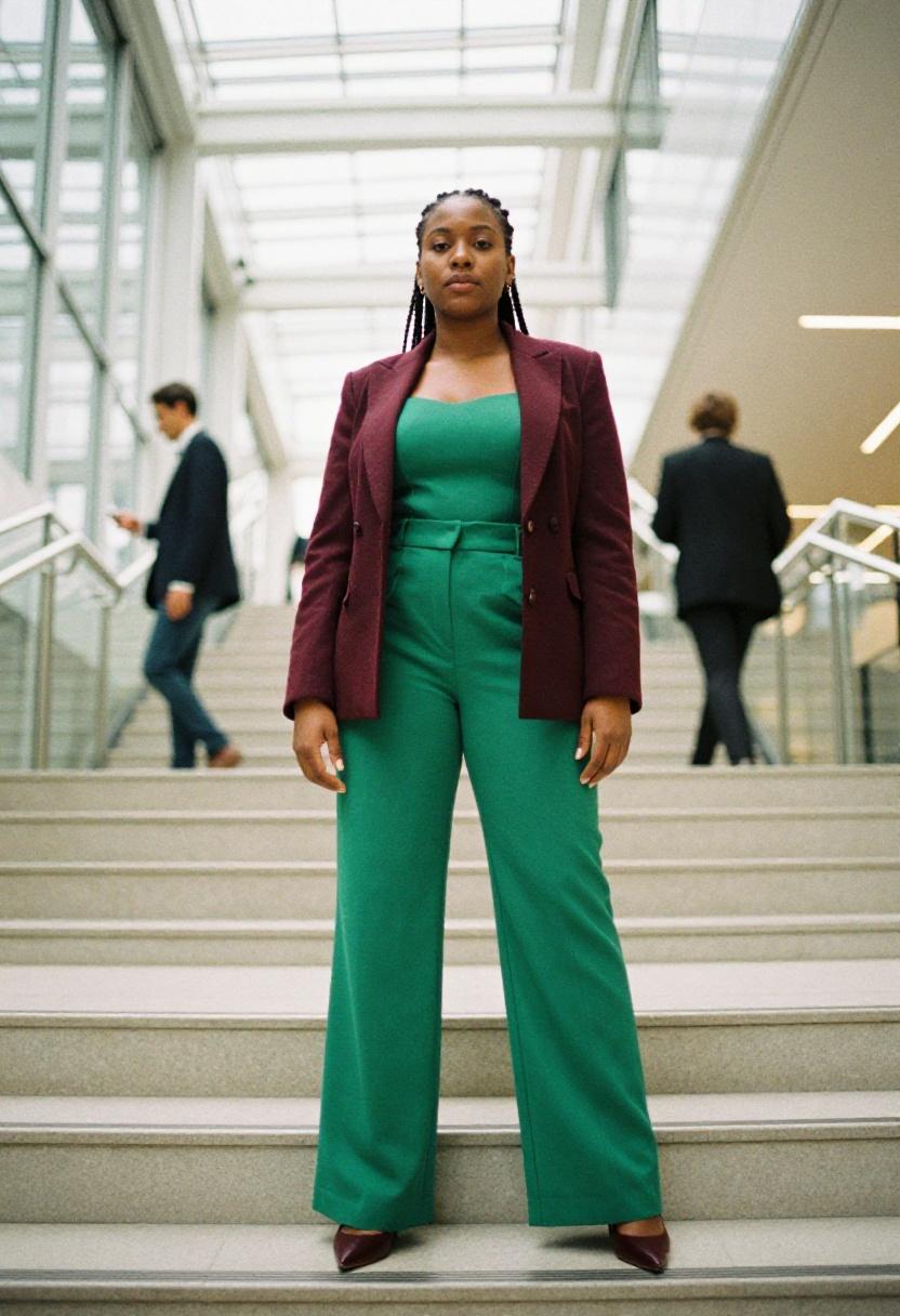 Emerald green wide-leg trousers and structured blazer in modern office setting