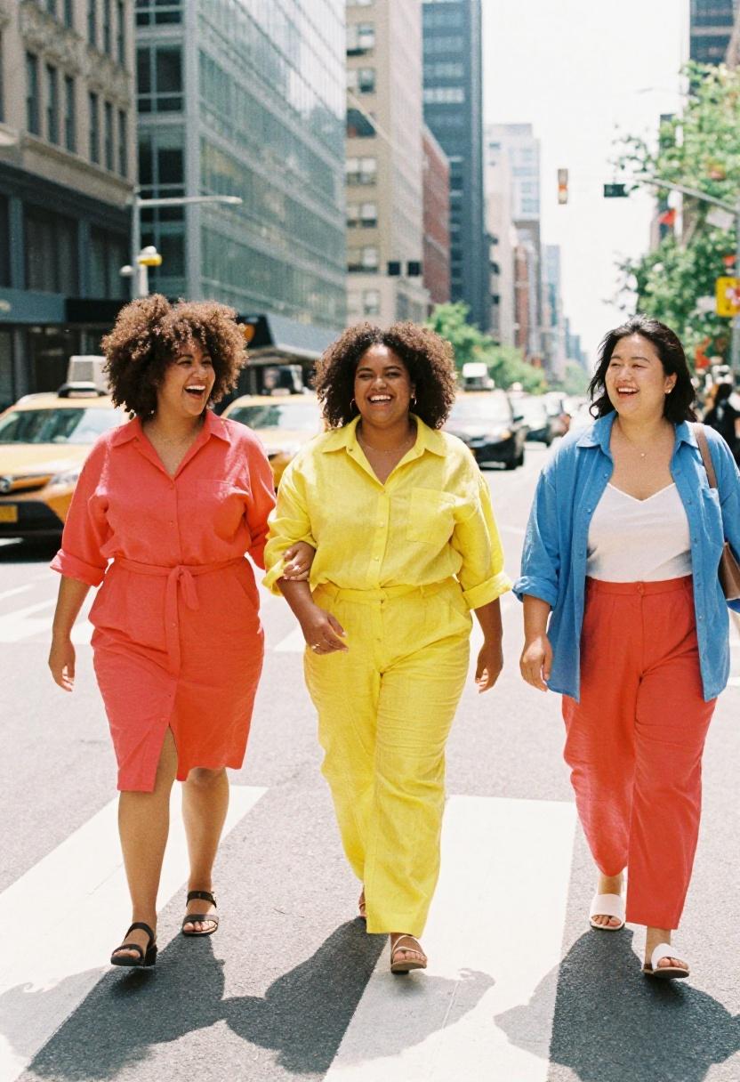 Three plus size women crossing a New York street in vibrant button-down outfits, spring group street style