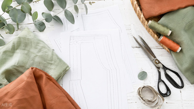 Summer dress patterns flat lay with fabric swatches and sewing tools