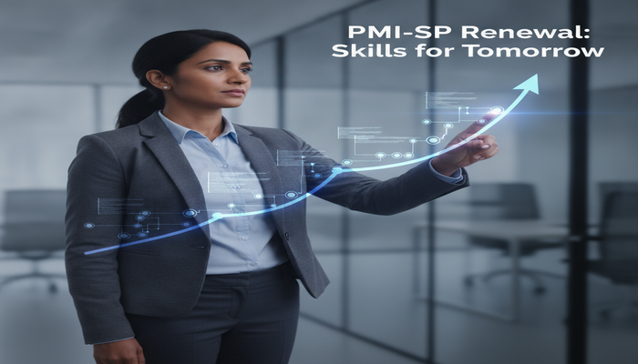 PMI-SP Renewal: Skills for Tomorrow A professional interacting with a holographic display showing an upward-curving timeline with project scheduling elements, symbolizing the continuous renewal and skill development for PMI-SP certification.