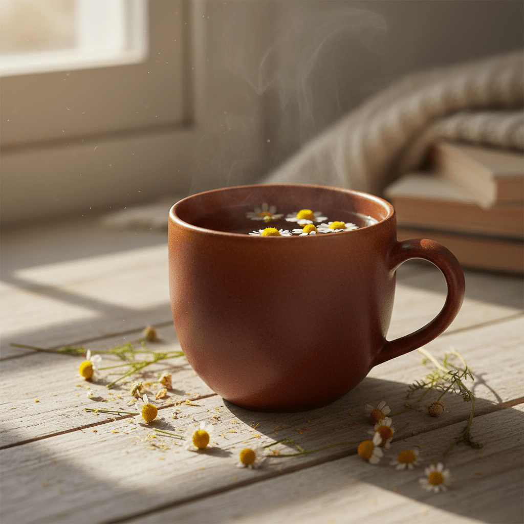 A warm mug of chamomile tea on a wooden table with dried flowers, illustrating the calming appeal of the remedy