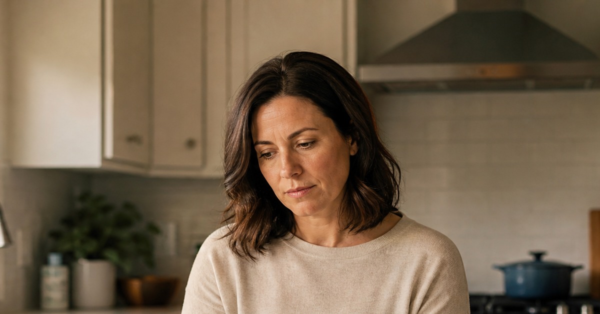 A woman in her mid-forties at a kitchen counter, a GLP-1 injection pen on the surface in front of her, looking at it with a thoughtful expression — the specific contemplation of someone deciding whether to discontinue their medication A woman in her mid-forties at a kitchen counter, a GLP-1 injection pen on the surface in front of her, looking at it with a thoughtful expression — the specific contemplation of someone deciding whether to discontinue their medication
