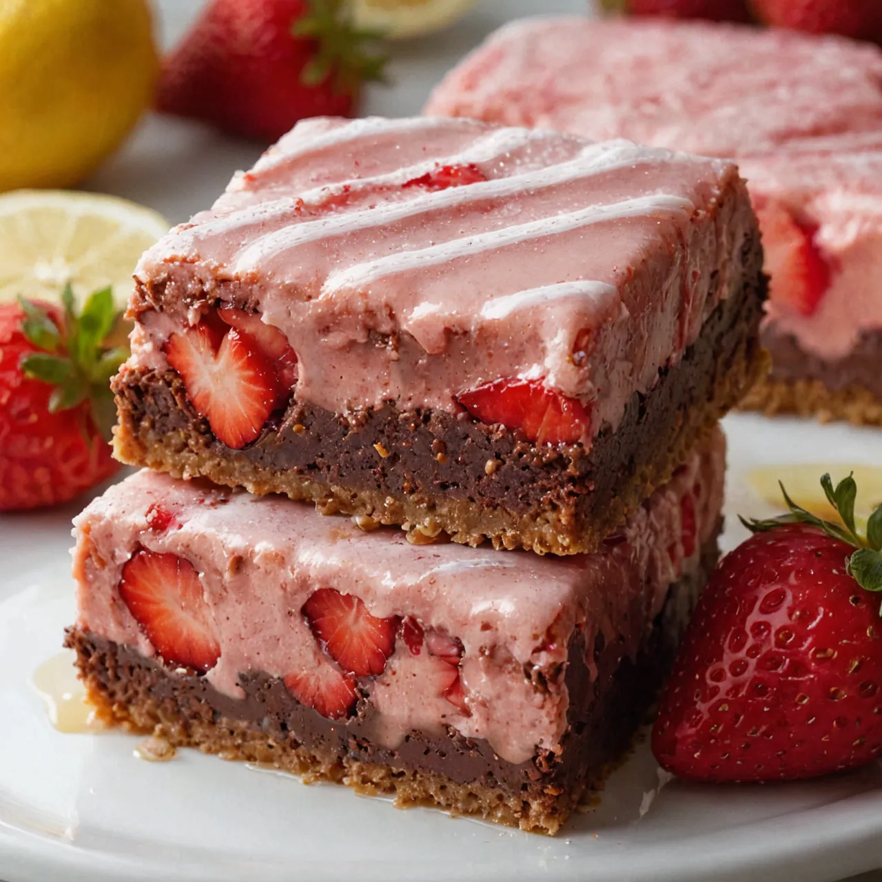 A beautifully plated dessert featuring two layers of rich, dark brownie with a glossy lemon glaze drizzled over the top. The bright red strawberries are scattered across the surface, adding bursts of