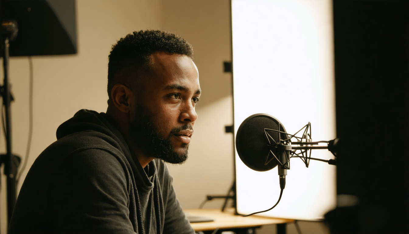 A man mid-conversation at a podcast table, caught in an unguarded expression, microphone in soft focus foreground.