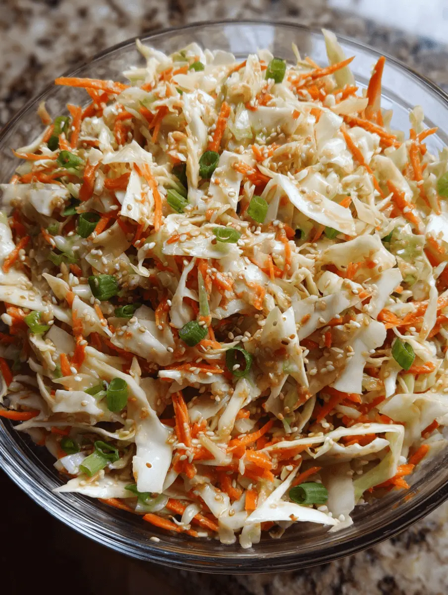 Asian sesame slaw with cabbage, carrots, and sesame seeds served as a fresh and colorful summer side dish.