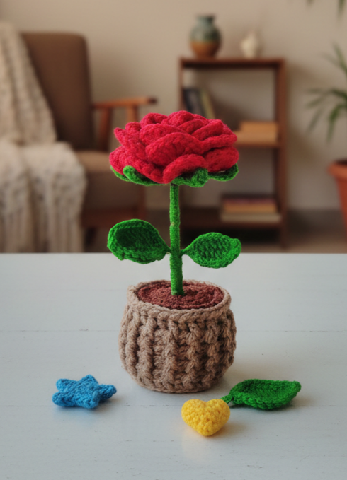 Crochet Red Rose Pot 