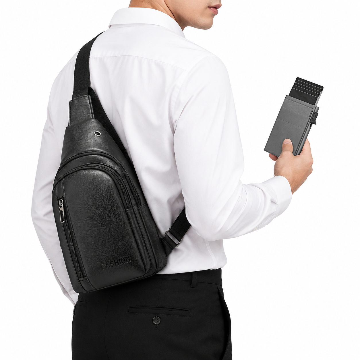 Office Commuter Business Set-Black Men's PU Leather Chest Bag and Grey RFID Blocking Aluminum Wallet - Waterproof Crossbody Sling Bag with Multi Pocket Storage, Slim Pop Up Card Holder, Lightweight Travel & Daily Commute Essentials