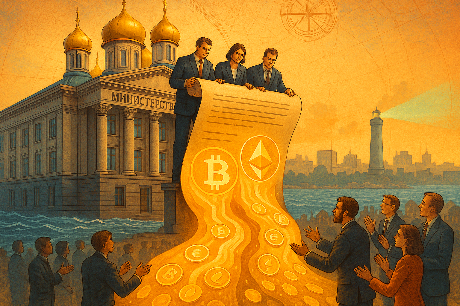 Russia’s Finance Ministry building with digital cryptocurrency elements overlay