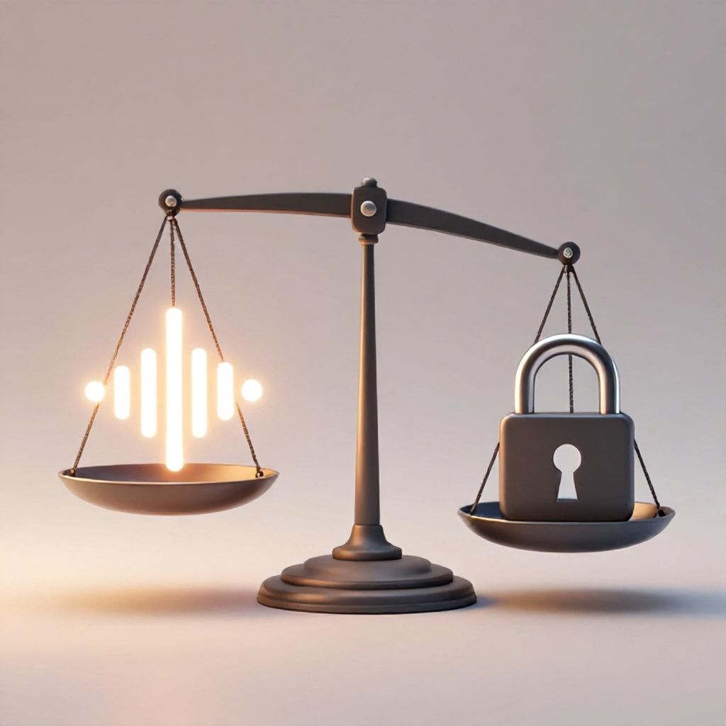 Balanced scale icon with soundwave and lock representing ethical AI voice cloning