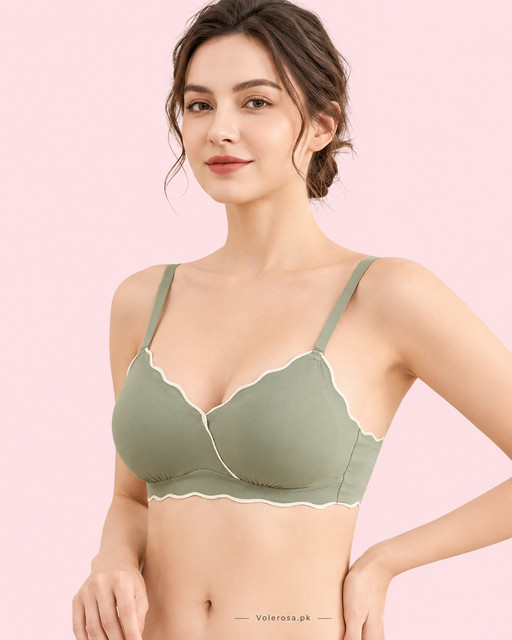 Scalloped Contrast-Trim Wireless Bra – Sage Green Everyday Bralette, Front view
