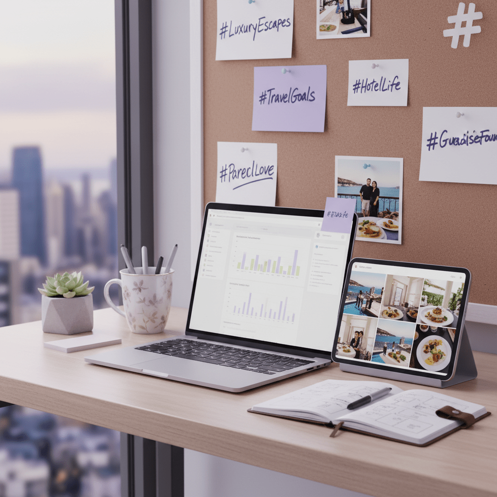Hotel marketing workspace with hashtags and content planning