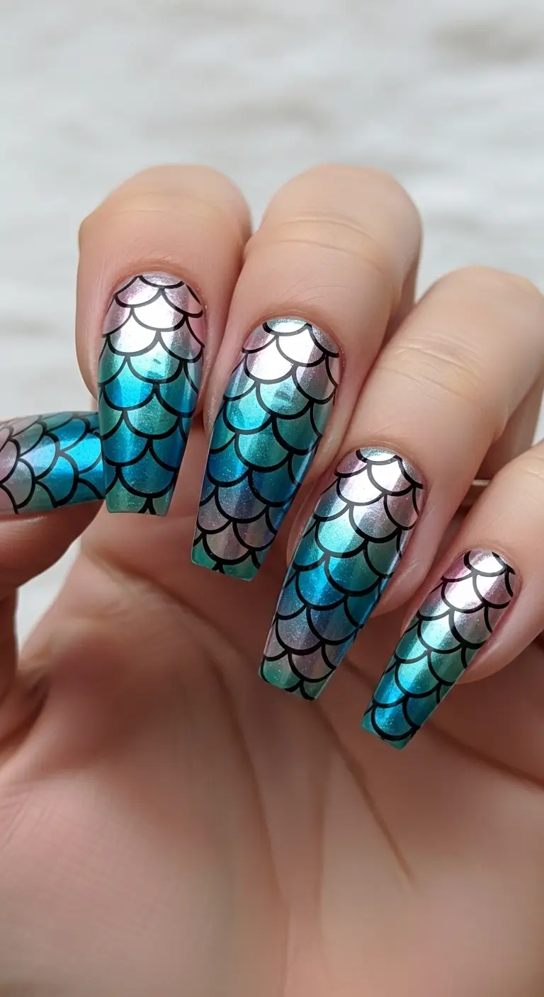 Mermaid Scale Hand-Painted Accent Coffin Nails