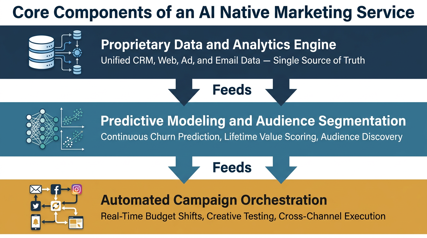 Three-layer architecture diagram for AI native marketing services showing the stacked components: Proprietary Data and Analytics Engine, Predictive Modeling and Audience Segmentation, and Automated Campaign Orchestration — connected by data flow arrows in #274059