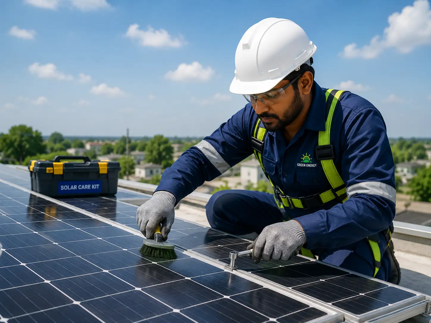 Technician servicing solar panels with a solar care kit