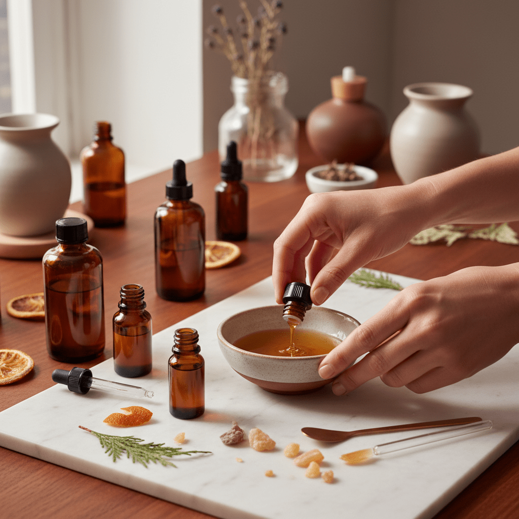Hands blending essential oils with carrier oil on a clean workspace