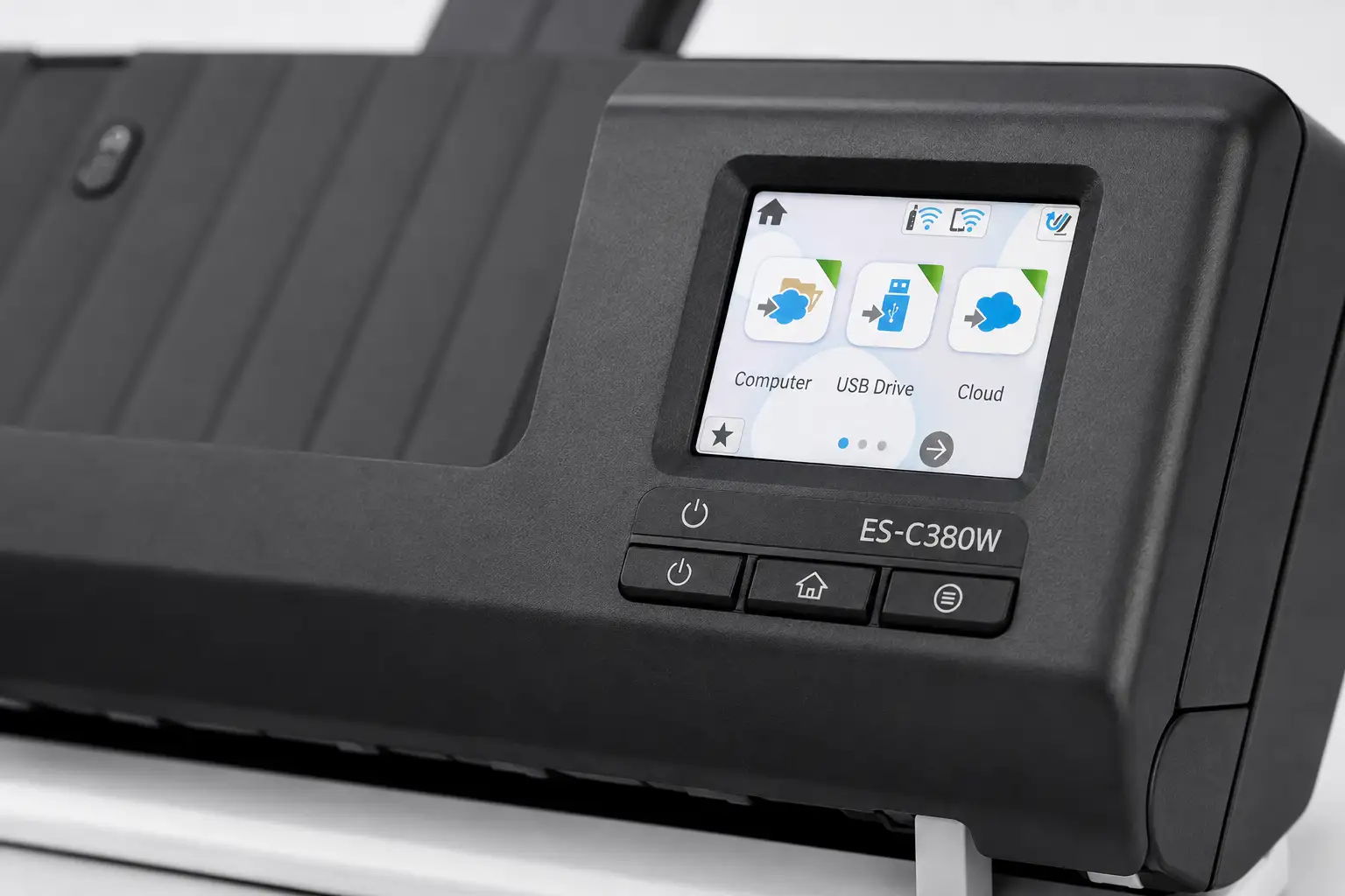 Epson WorkForce ES-C380W Wi-Fi Portable Sheet-fed Document Scanner — control panel close-up