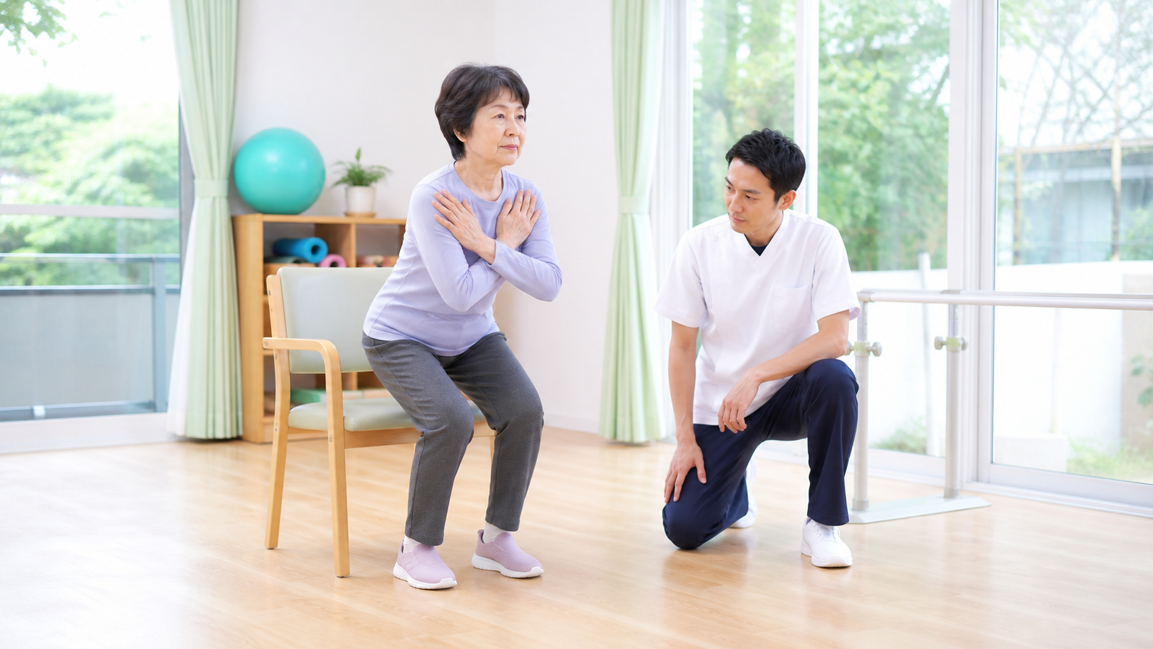 変形性膝関節症のある高齢女性が専門職の見守りで椅子から立つ様子