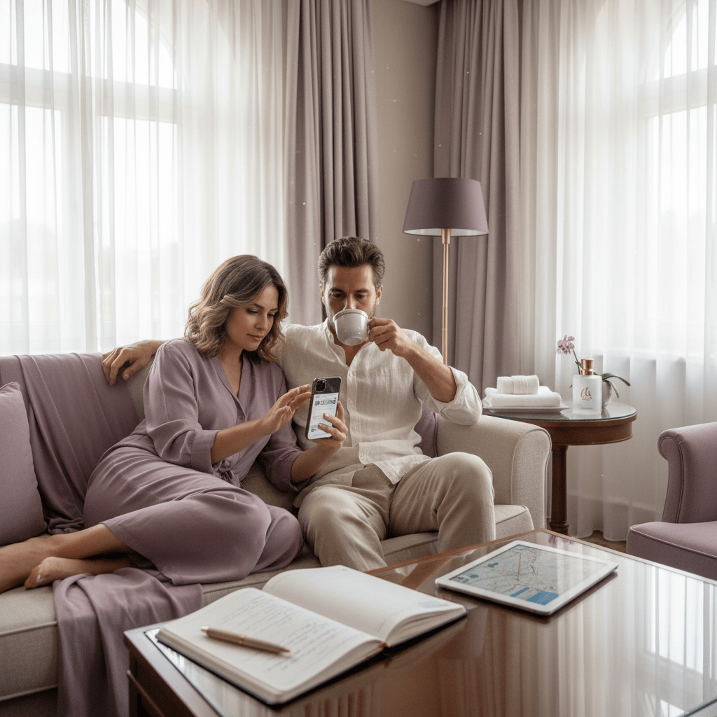 Hotel guests scrolling social media while planning a stay